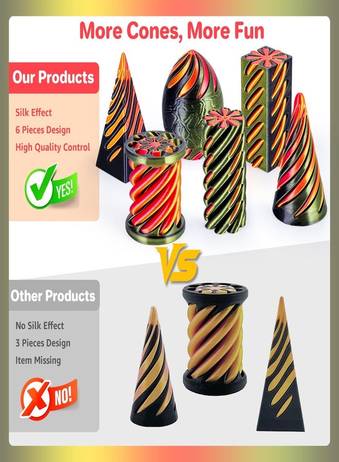 dikale 6 Packs Spiral Cone 3D Printed Fidget Toy Set, Flexible Impossible Cone Pyramid Passthrough Toys for Stress Relief, Desk Deco Relaxing for Kids Adults, Black&Cyan Gold + Gold&Red - Image 4